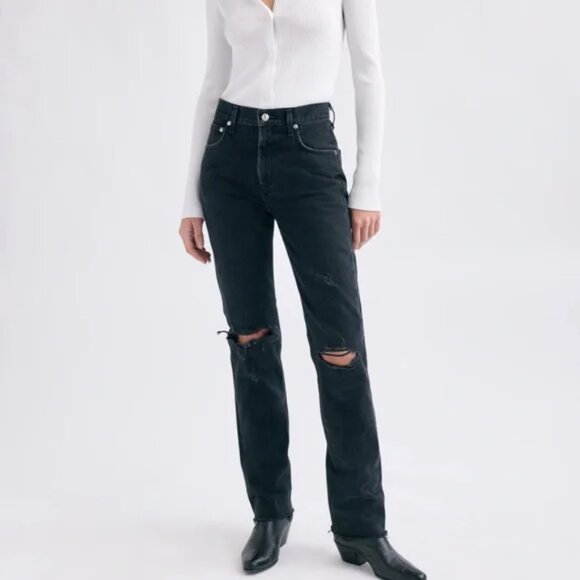Agolde Denim - AGOLDE Jeans Womens 29 Black Denim Cherie High Rise Straight Distressed USA NWT